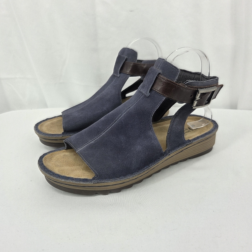 Naot Navy Suede T-Strap Sandals with Brown Strap - Picture 2 of 10